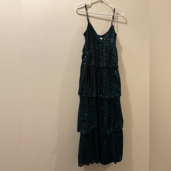 SAYLOR Green Ruffled Tiered Maxi Dress - small - sequin - black /blue-green - Picture 1 of 7
